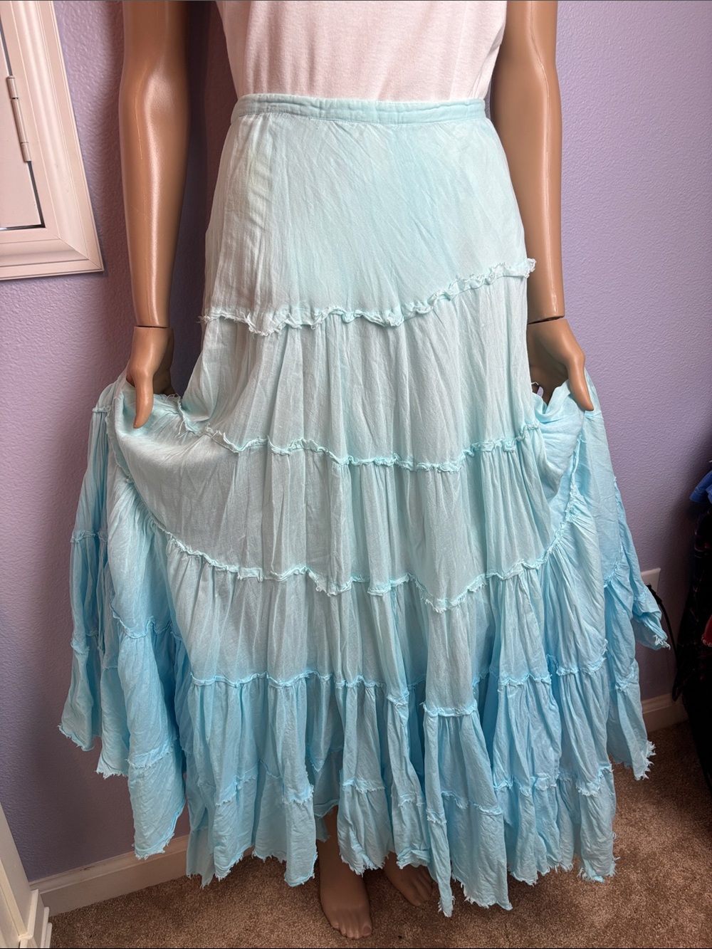 Vintage Ombre Tiered Light Aqua Maxi Skirt - Women 100% Cotton - Picture 3 of 12